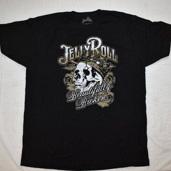 Jelly Roll Mens Beautifully Broken Crowned Skull Graphic Black Shirt New - Picture 1 of 2